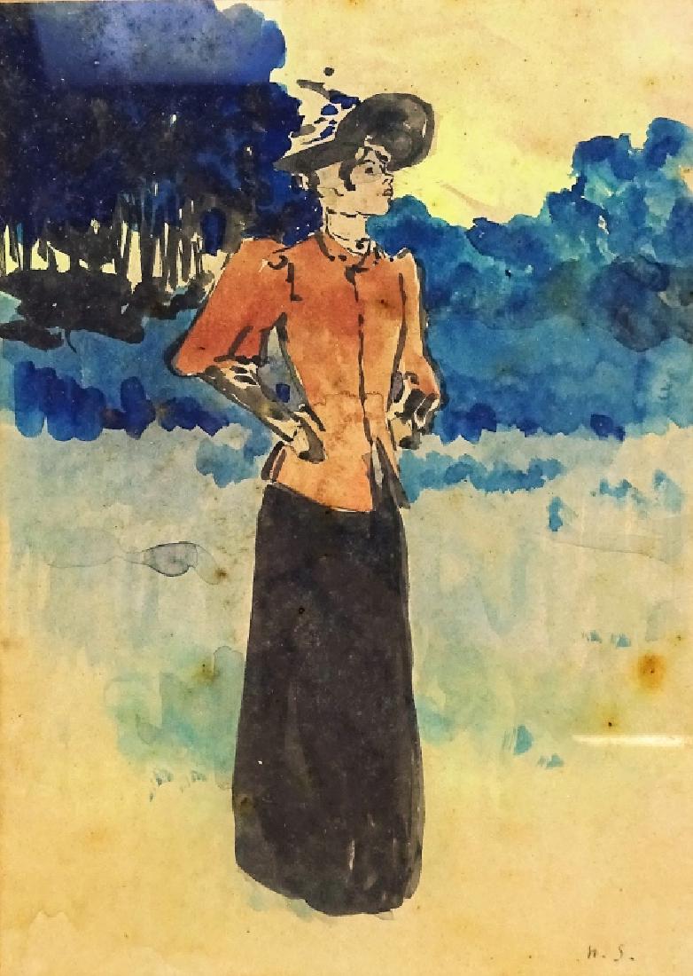 Henri Somm Original Watercolor Portrait Painting: Henri Somm (French: 1810 - 1889) original watercolor painting of a well dressed Parisian woman hands in coat outdoors watching the sun set. Signed to lower right. Measures: 5-3/4" W x 8" H + 2-5/8" Ma