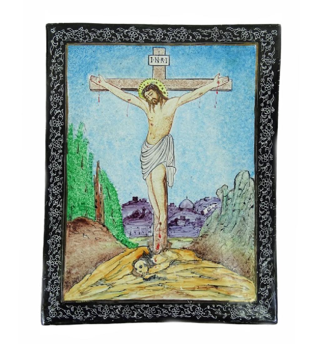 Italian Enameled Plaque of Crucified Jesus Christ: Hand painted/enameled plaque of Jesus Christ nailed to cross in Golgotha "Place of the Skull" with the city of Jerusalem behind him. Top of cross reads "I.N.R.I". (Latin: Iesus Nazarenus, Rex Iudaeoru