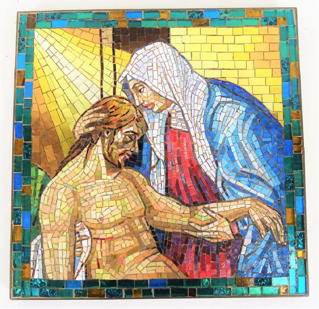 Italian Mosaic Station of the Cross Tile Plaque: Measures: 13-7/8" Wide x 13-3/4" Tall. From a Boca Raton estate. Local Pick up or Third Party Shipping Required.