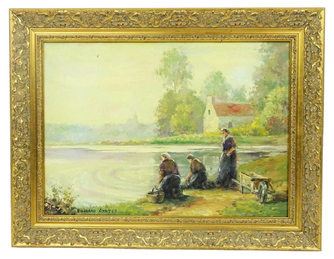After Edourd Cortes French Oil Painting on Canvas: Bears the signature of listed artist Edouard Cortes (France: 1882-1969). 20th century oil painting on canvas depicting three women with wheelbarrow & basket washing clothes in nearby lake in gilt carv