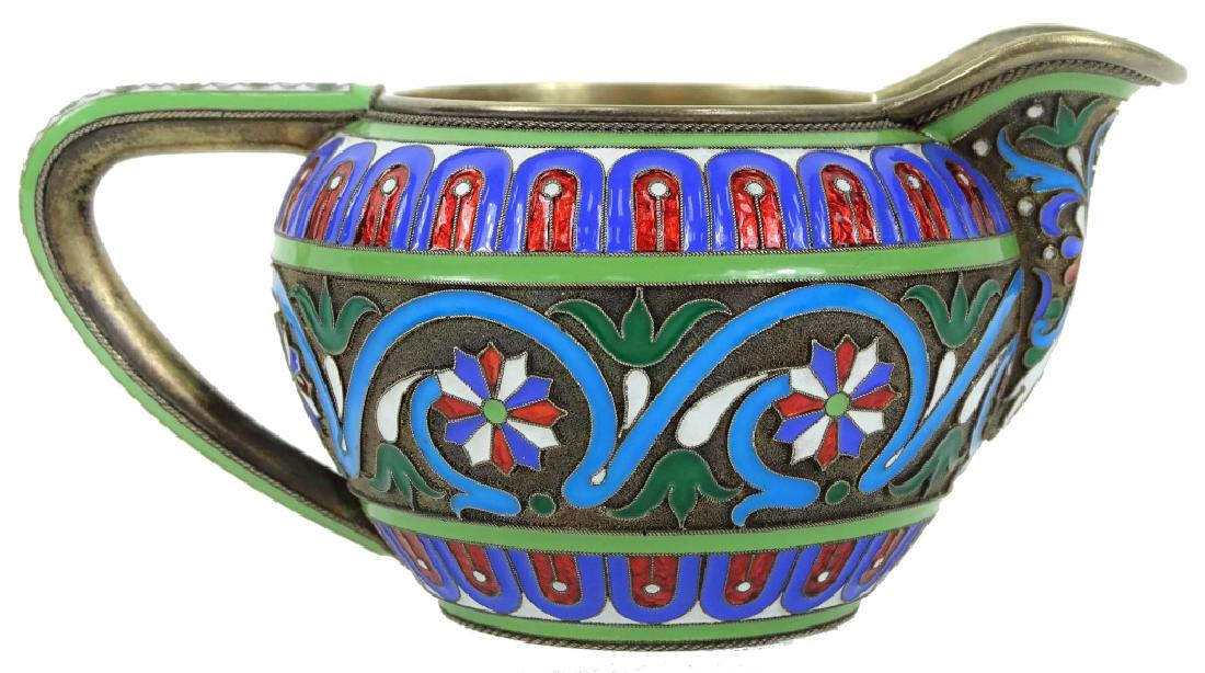 Russian Silver Enamel Creamer By Grachev: Russian Gilt Silver Enamel Creamer By Grachev. Stamped. 88. Condition : Very Good. Measures 2 1/2 inches high x 5 inches long x 3 1/2 inches deep. Approx. 152.2 grams.