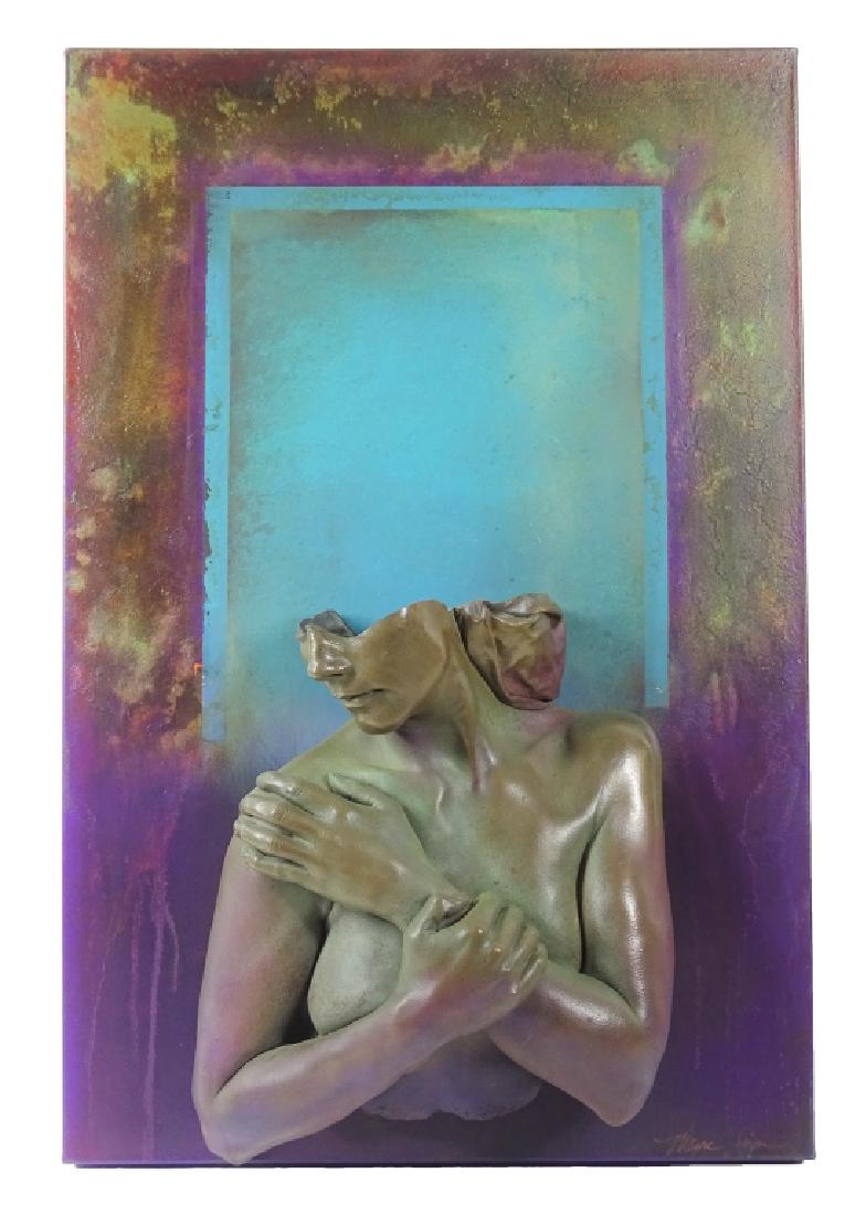 Marc Sijan "Wrapped Arms" Mixed Media Fine Art: Marc Sijan (American: 20/21st century) original mixed media oil painting on canvas crafted with an attached patinated cast resin sculpture of a nude woman with her arms crossed covering her chest. Sig