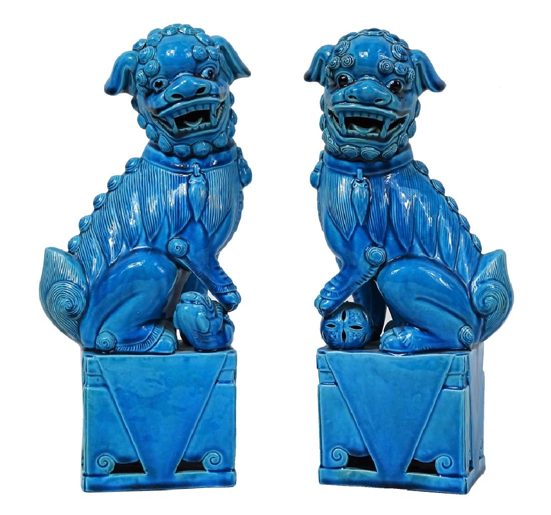 Pair of Chinese Blue Glazed Porcelain Foo Lions (1 of 4)