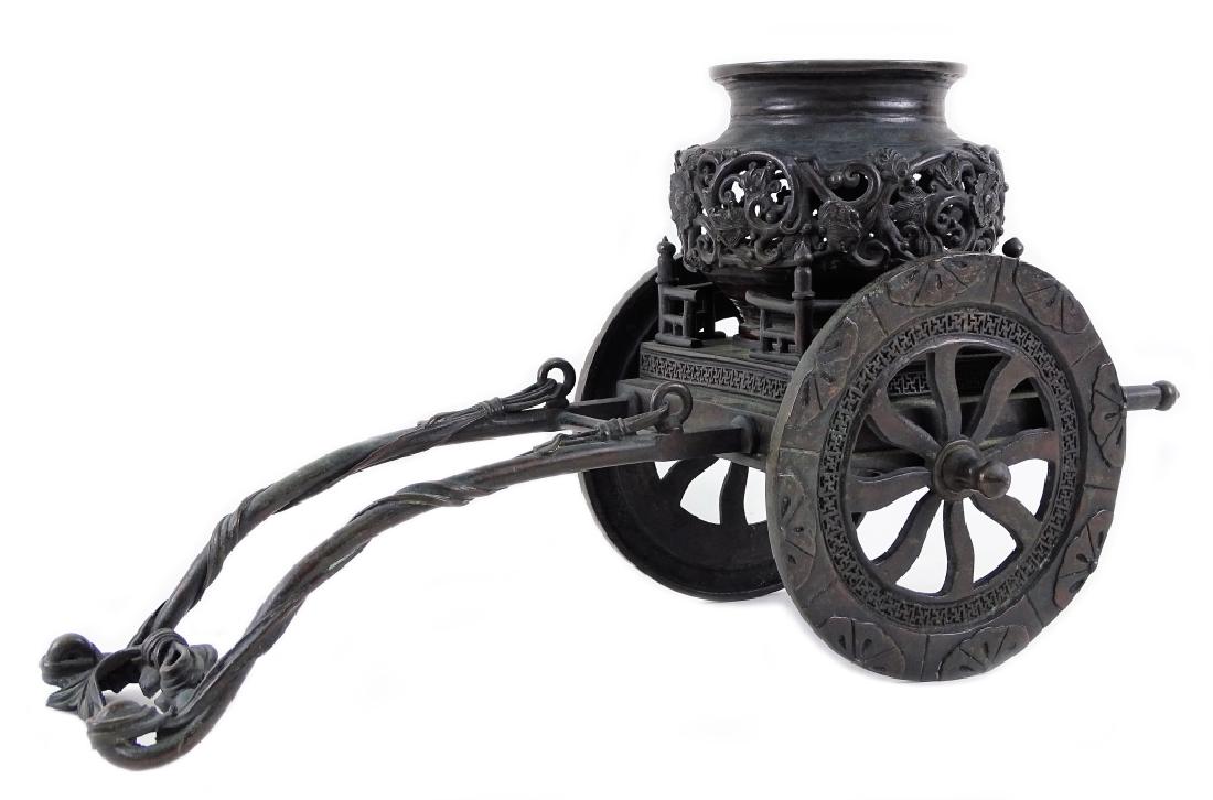Japanese Signed High Relief Bronze Vase on Cart (1 of 6)