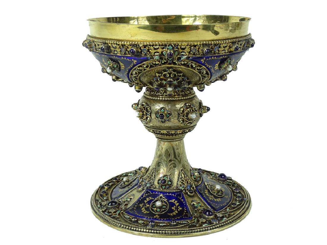 European Sterling Enameled Pearl And Amethyst: European Sterling Enameled Pearl And Amethyst Chalice. Measures 7 1/2 inches high x 6 inches diameter. Total Weight 3lbs.