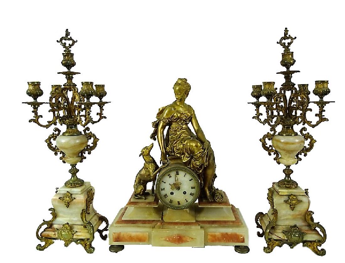 (3) French Gilt Metal And Marble Mantle Clock Set (1 of 6)