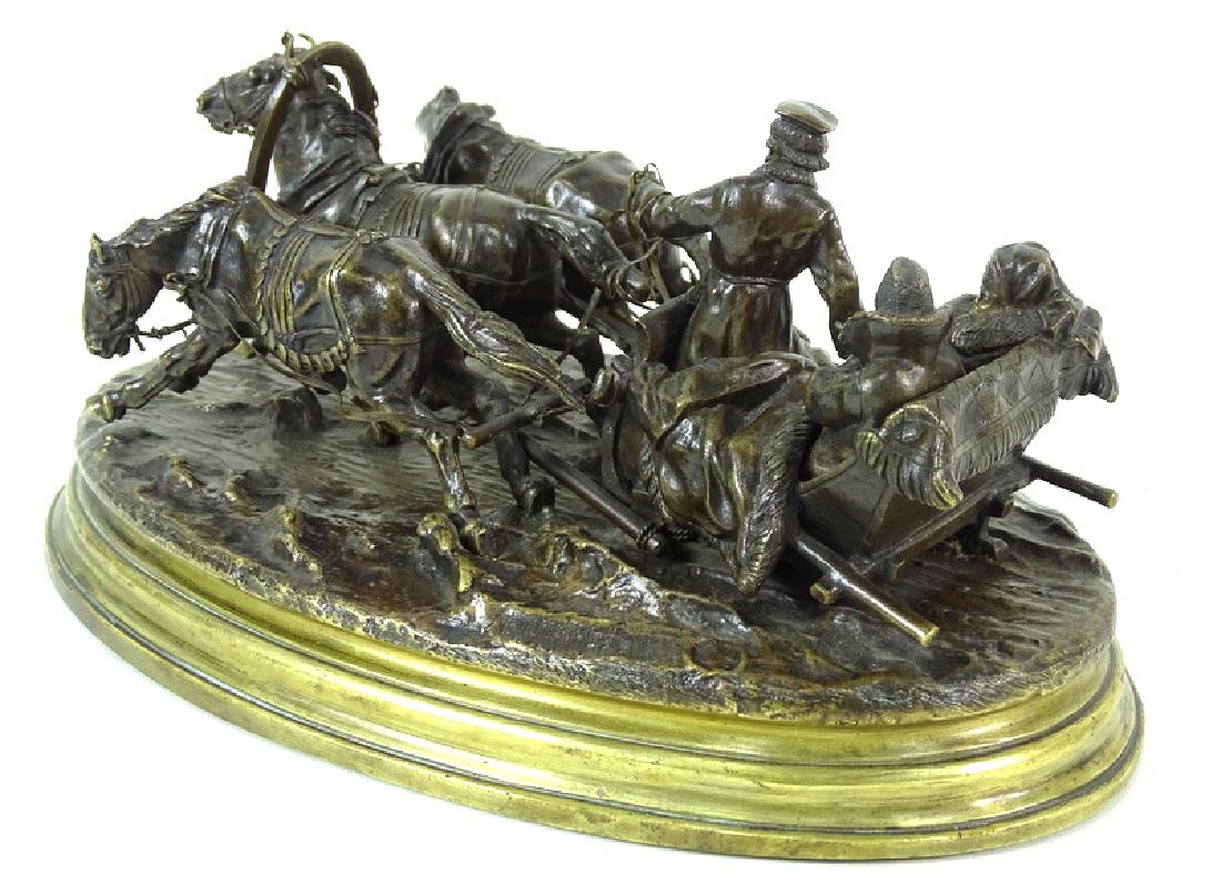 Vasily Grachev, 1831-1905 Russian Bronze Sculpture: Vasily Grachev, 1831-1905 A BRONZE GROUP OF A COUPLE ON A TROIKA inscribed in Cyrillic Lep. Grachev with Woerffel foundry mark, dated 1877 bronze, brown patina length: 26cm, 10 1/4 in.; height: 16cm,
