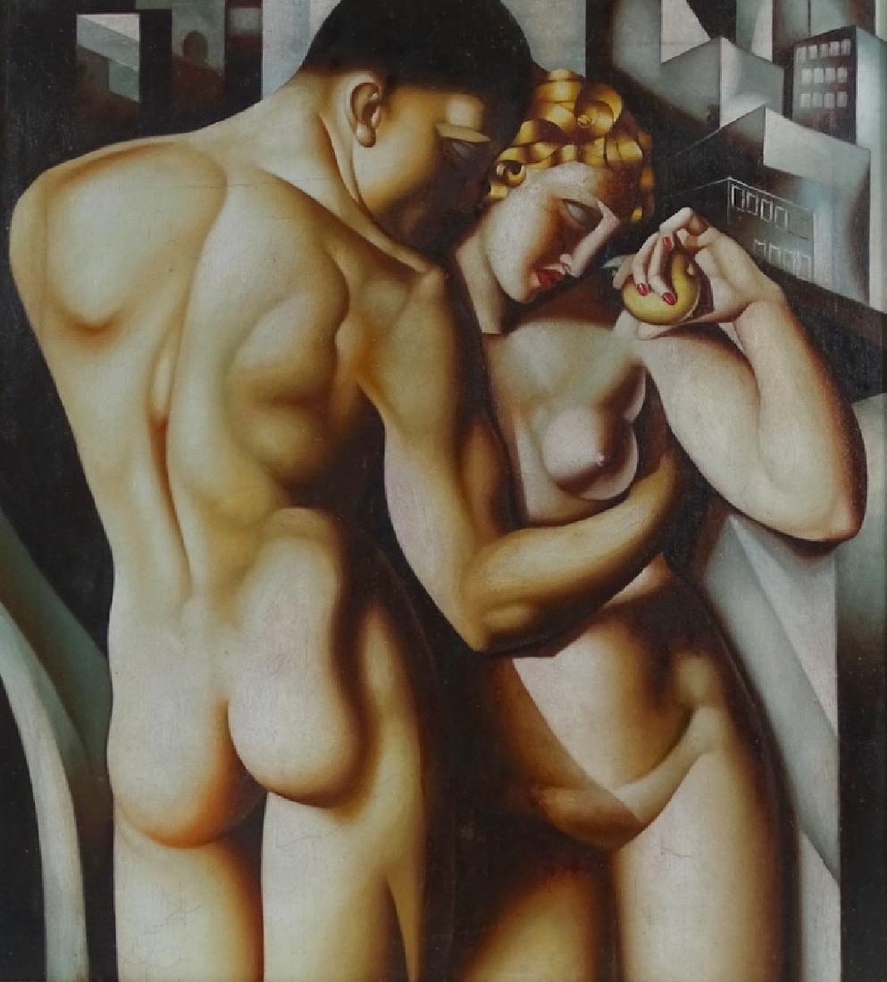 Circle of : Tamara de Lempicka (POLISH, 1898–1980): Circle of : Tamara de Lempicka (POLISH, 1898–1980) oil painting on board. Unsigned. Slight Crazing due to age. Measures 22 inches high x 20 inches wide + 1 1/2 inch frame.