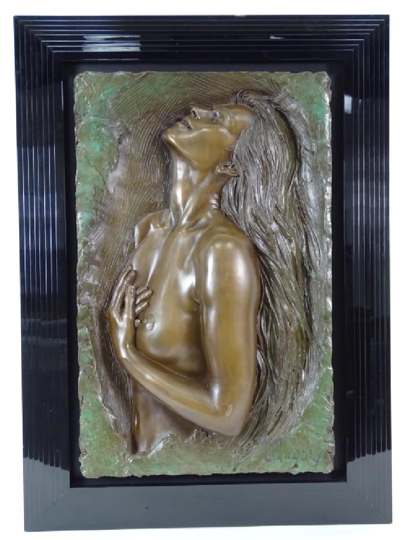 Bill Mack (AMERICAN, 1949) "Passion" Nude Relief: Bill Mack (AMERICAN, 1949) "Passion" Nude Relief Bill Mack limited edition bonded bronze sculpture, "Passion", signed lower right Bill Mack. Measures 43 inches high x 30 1/2 inches wide. Total. Approx