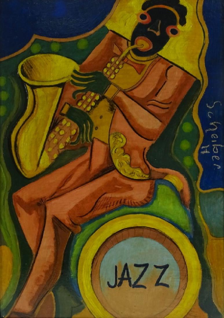 Hugó Scheiber (HUNGARIAN, 1873–1950) "Jazz": Hugó Scheiber (HUNGARIAN, 1873–1950) "Jazz" Oil Painting on Board. Signed Middle Right. Measures 28 inches high x 20 inches wide + 1 inch frame.