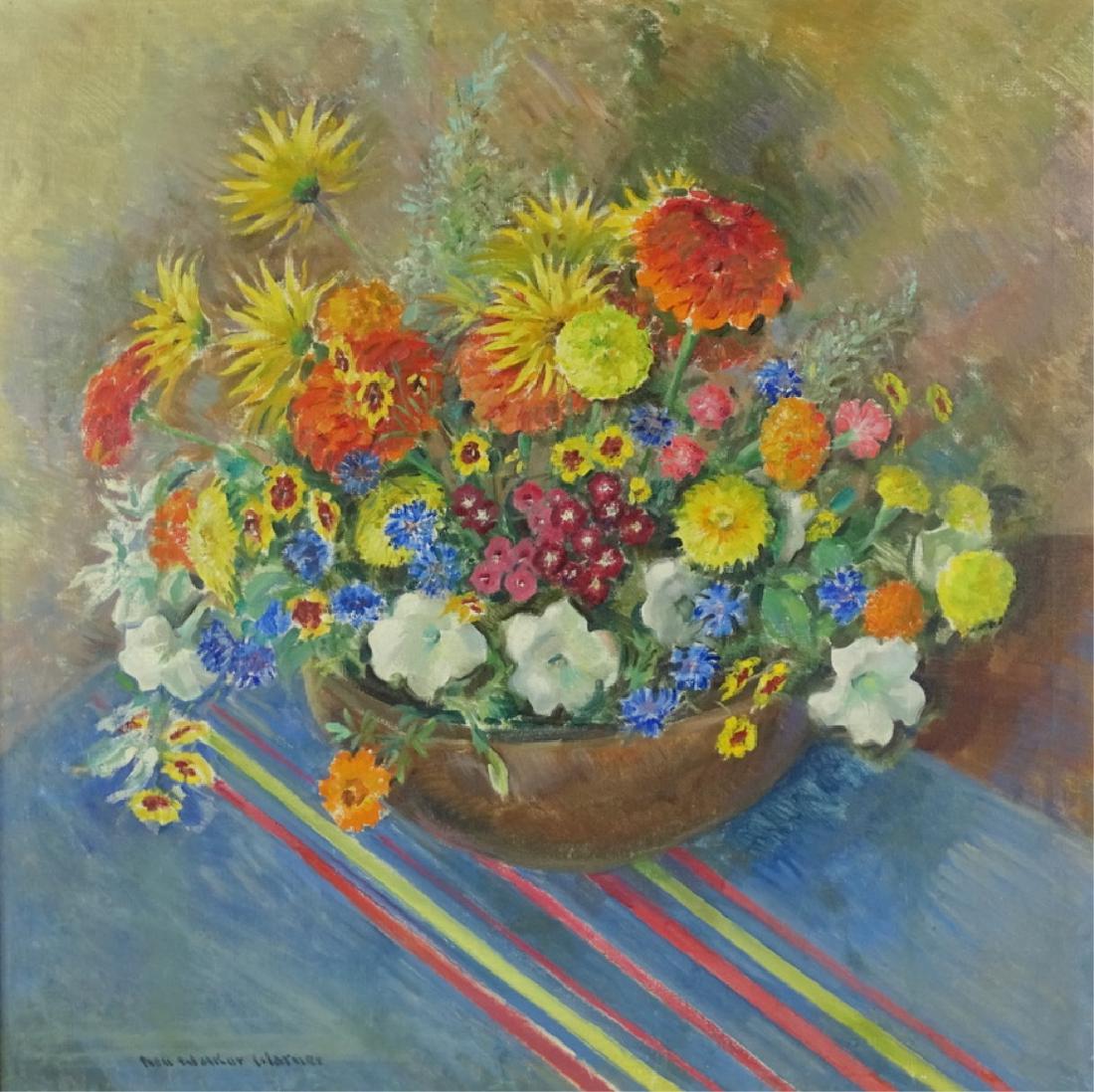 Nell Walker Warner (AMERICAN, 1891–1970) "Flowers": Nell Walker Warner (AMERICAN, 1891–1970) "Still Life" oil painting on canvas. Measures 30 1/2 inches high x 30 1/2 inches wide + 1 1/2 inch frame.