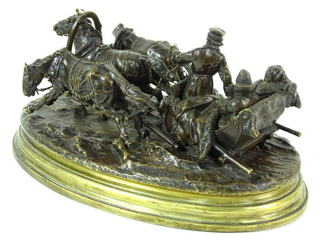 Vasily Grachev, 1831-1905 Bronze Sculpture: Vasily Grachev, 1831-1905 A BRONZE GROUP OF A COUPLE ON A TROIKA inscribed in Cyrillic Lep. Grachev with Woerffel foundry mark, dated 1877 bronze, brown patina length: 26cm, 10 1/4 in.; height: 16cm,