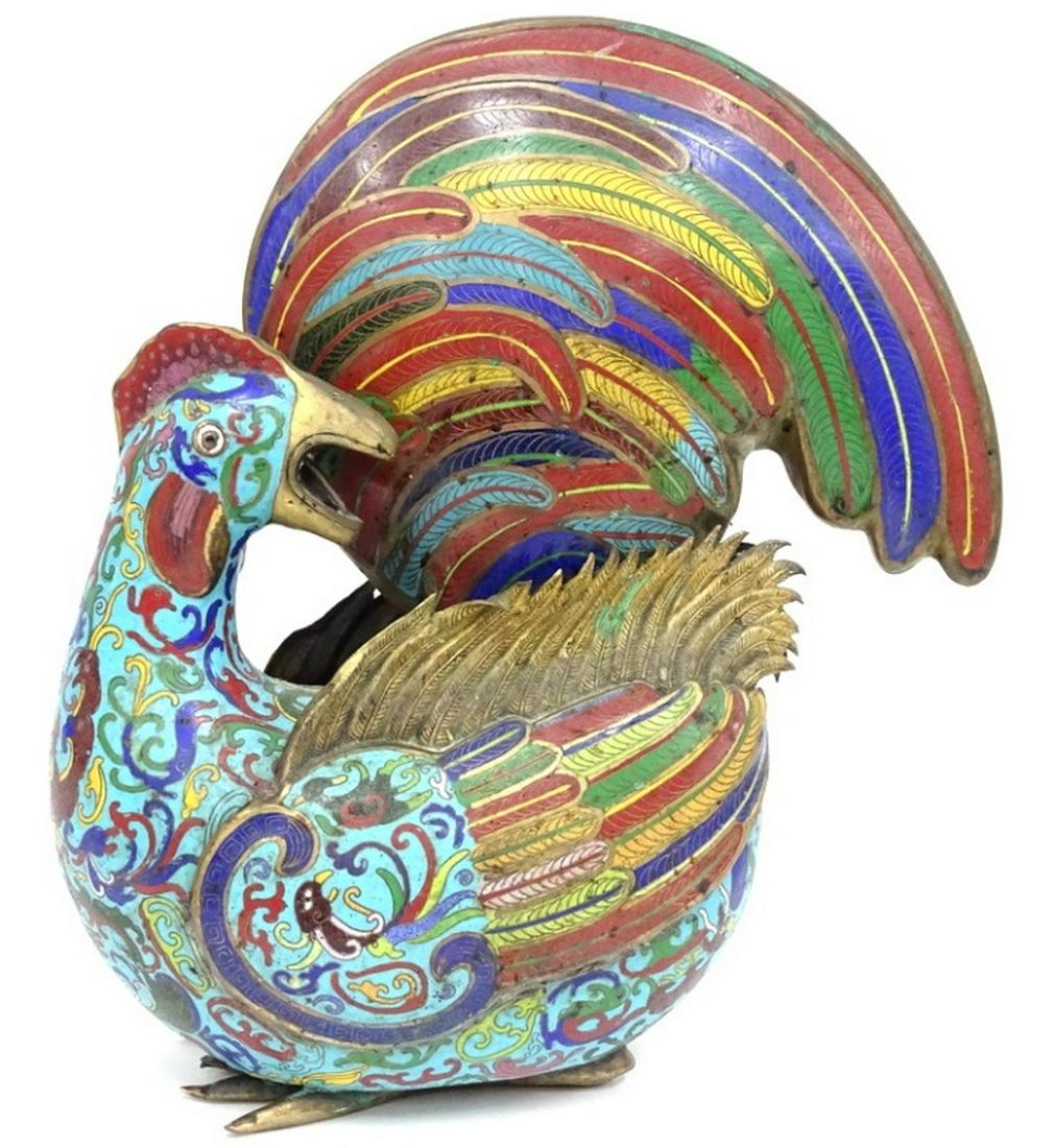 Chinese Archaic Rooster Cloisonne Vessel 15.5"x14" (1 of 4)