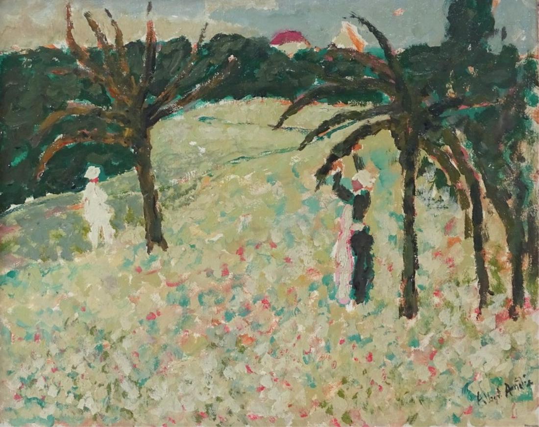Albert André (FRENCH, 1869–1954) "landscape": Albert André (FRENCH, 1869–1954) "Figural Landscape" Oil on canvas. Signed lower right. Measures 16 inches high x 20 inches wide + 2 inch frame. Gallery Label. See photos.