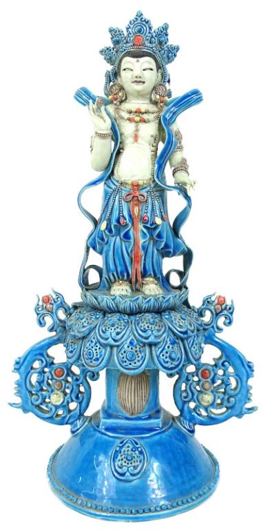 Chinese Blue And White Porcelain Goddess Figure: Chinese Blue And White Porcelain Goddess Figure. Minor Losses, otherwise good condition. Measures 13 1/2 inches high.