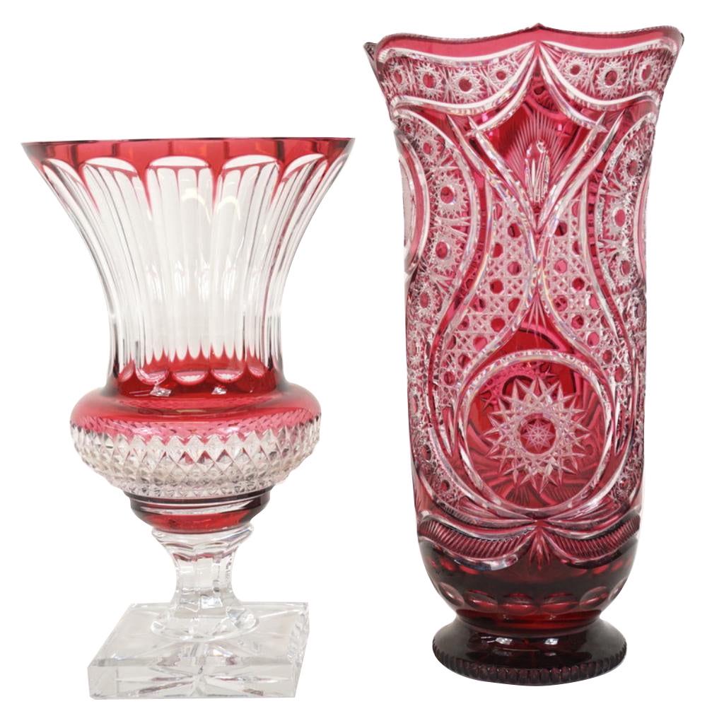 (2) Two Assorted Cut Crystal Cranberry Vases (1 of 4)
