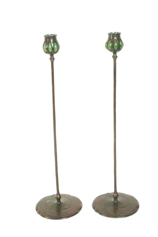 (2) Tiffany Studios Bronze and Glass Candlesticks (1 of 7)