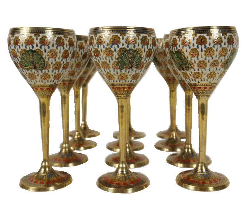 (12) Twelve Enameled Middle Eastern Wine Goblets: (12) Twelve Enameled Middle Eastern Wine Goblets. Measures 8 1/2 inches high x 3 1/2 in ch diameter.