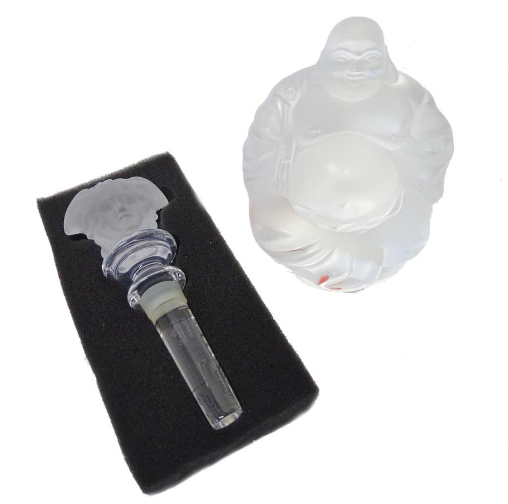 Lalique Buddha And Versace Stopper: Lalique Buddha And Versace Stopper. Measures 4 inches high. Stopper 5 inches tall.