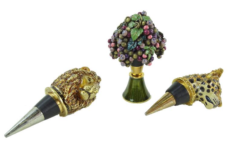 (3) Three Jay Strongwater Wine Stoppers: (3) Three Jay Strongwater Wine Stoppers. Animals, Cheetah, Lion And fruit basket.