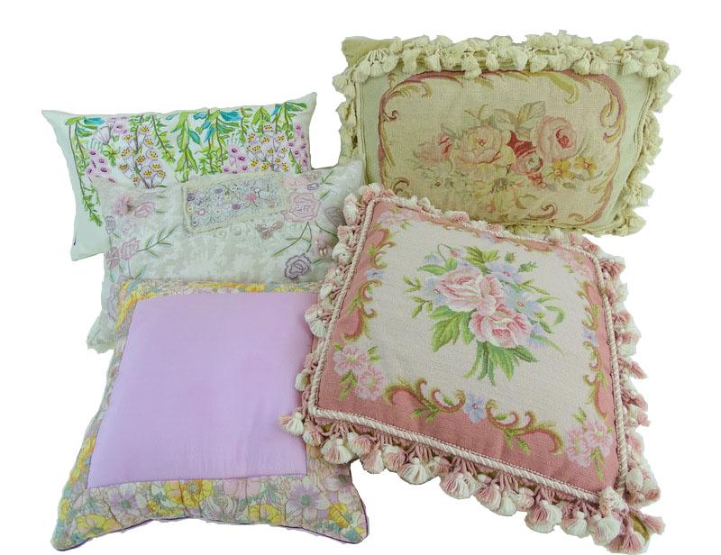 (5) Five Assorted Pillows. silk and tapestry (1 of 5)