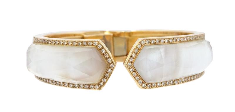 Stephen Webster 18K Rose Gold Diamond MOP: Stephen Webster 18K Rose Gold Diamond MOP Cuff Bracelet. Total Weight 1.00ct of round brilliant cut diamond. Total Weight 86.7 grams. Measures 2 1/2 inch diameter.