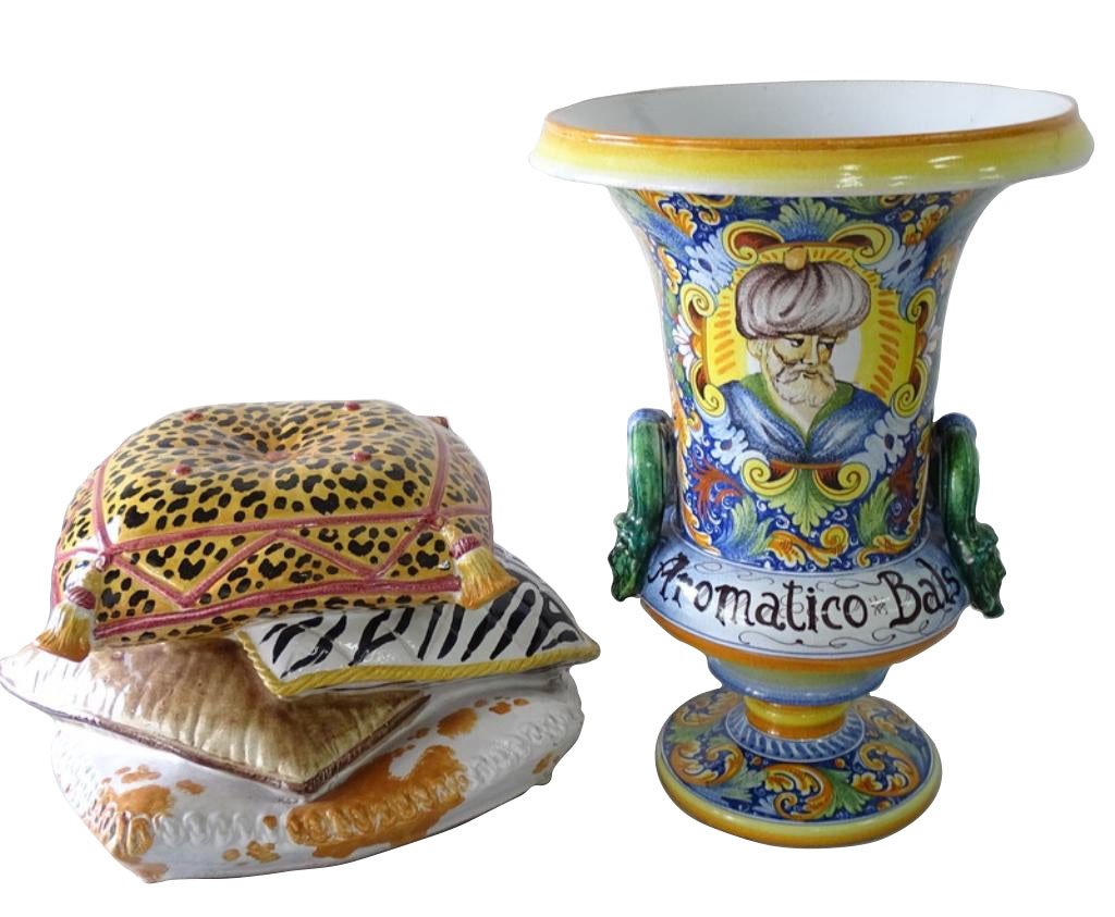 Two Majolica Ceramic Urn And Stack Pillows (1 of 4)