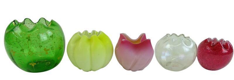 Five (5) Collectible Art Glass Rose Bowls: Five (5) Collectible Art Glass Rose Bowls, Includes: One handkerchief top pink satin glass rose bowl, one plain blue satin glass rose bowl, one small red Vasa Murrhina rose bowl, one yellow satin glas