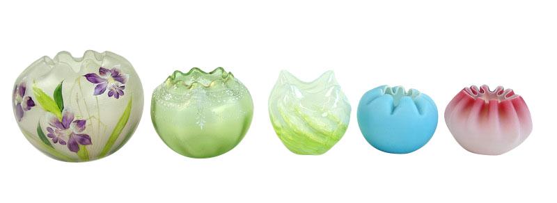 Five (5) Collectible Art Glass Rose Bowls: Five (5) Collectible Art Glass Rose Bowls, Includes: One gold dimpled glass bowl, one English green swirled rose bowl with handkerchief top, one Camphor glass rose bowl with purple enameled flowers, o