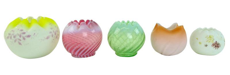 Five (5) Collectible Art Glass Rose Bowls: Five (5) Collectible Art Glass Rose Bowls, Includes: One orange to white satin glass rose bowl with handkerchief top, one small white satin glass rose bowl with floral painting decor, one swirled gree