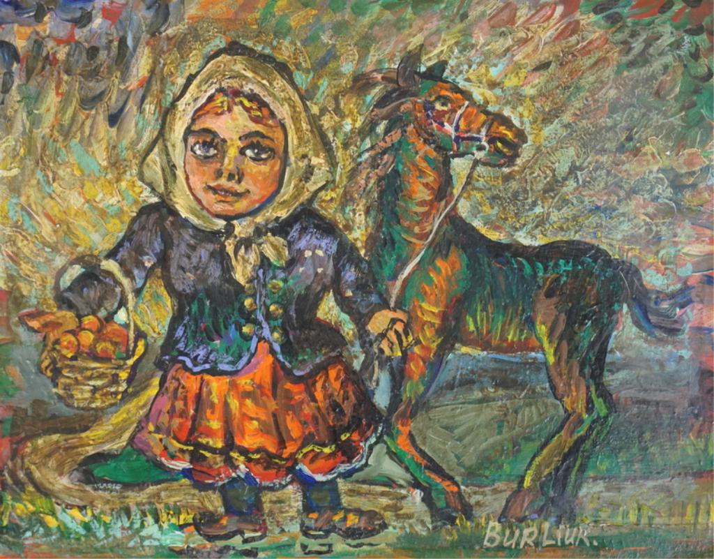 David Burliuk (UKRAINIAN, 1882–1967) Women & Horse: David Burliuk (UKRAINIAN, 1882–1967) Women & Horse oil painting on board. Measures 10 1/2 inches high x 13 inches wide. Signed lower right.