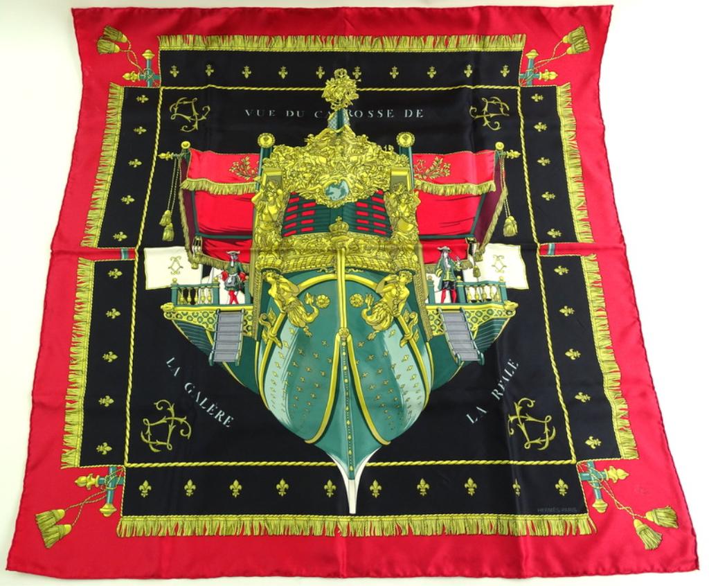 Hermes Scarf " Vue du Carosse de la Galere " 1953: The carrée La Réale – Vue du Carrosse de la Galère, or simply La Réale as Hermès refers to it, was designed it by Hugo Grygkar and first issued in 1953. Its inspiration came from one of the mod