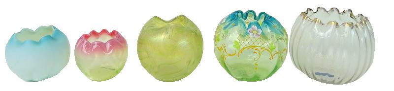 Five (5) Collectible Art Glass Rose Bowls: Five (5) Collectible Art Glass Rose Bowls, Includes: One plain blue satin glass rose bowl with dimples, one green and pink rose bowl with herringbone pattern, one Loetz style Austrian green rose bowl,