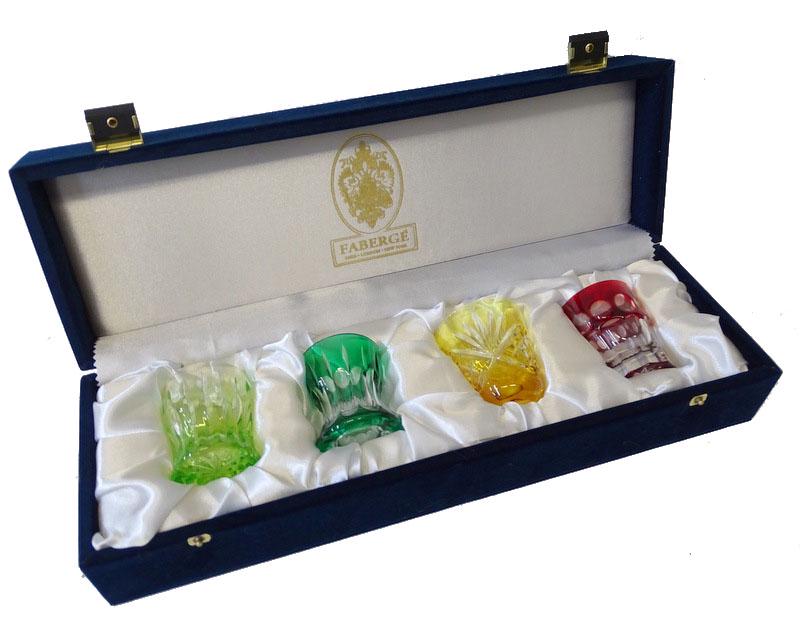 Faberge Crystal Vodka Set In Box: Faberge Crystal Vodka Set In Box with paperwork. Shot Glasses. Each Measure 2 1/2 inches high.