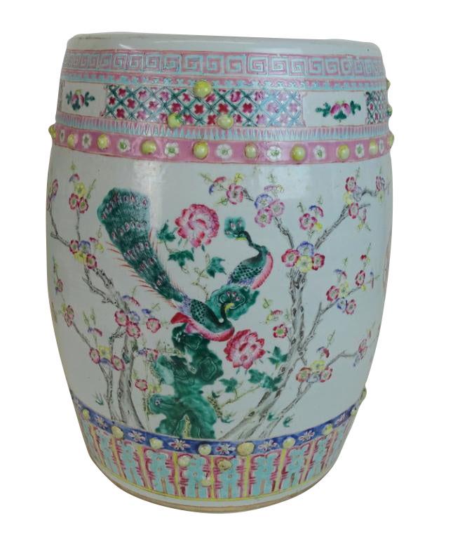 19th Century Chinese Famille Rose Garden Seat: 19th Century Chinese Famille Rose Garden Seat. Crack to base that has been restored. As is. 19" h x 13.5" w.