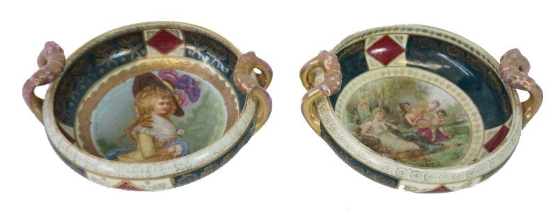Pair of Royal Vienna Style Porcelain Serving Bowls: Pair of Royal Vienna Style Porcelain Serving Bowls. Beehive and Austria mark to bottom. 4.5" h x 9.25" w x 8.87" depth.