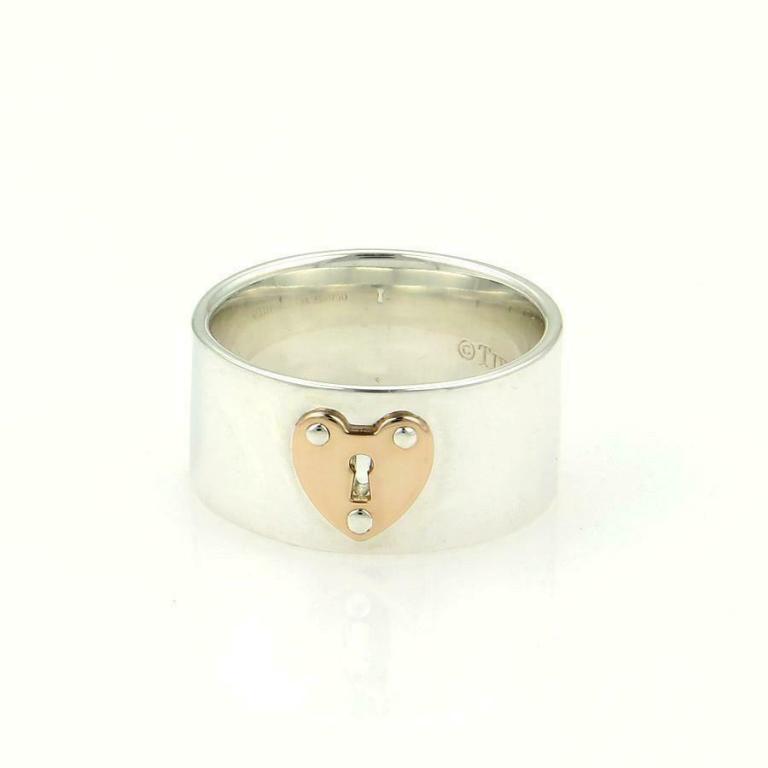 Tiffany & Co. Sterling 18k Heart PadLock Wide Ring: Tiffany & Co. Sterling 18k Rose Gold Heart PadLock Wide Band Ring Size 5 Stock# 59842