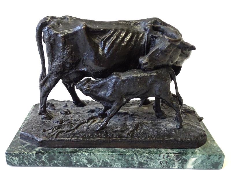 After Pierre Jules Mene. Cow and Calf bronze: After Pierre Jules Mene. Cow and Calf bronze. Measures 7 inches high x 9 inches wide x 5 inches deep.