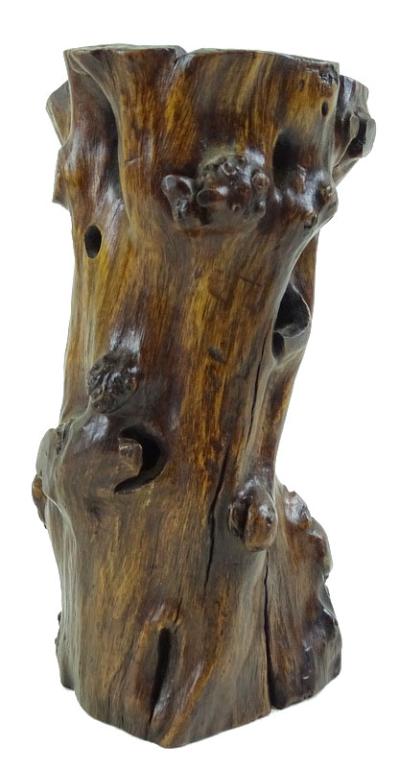 Chinese Carved Wooden Brush Pot: Chinese Carved Wooden Brush Pot. Total Weight 207.3 grams. Measures 6 1/2 inches high. MD FLACKS LTD. Sticker to bottom.