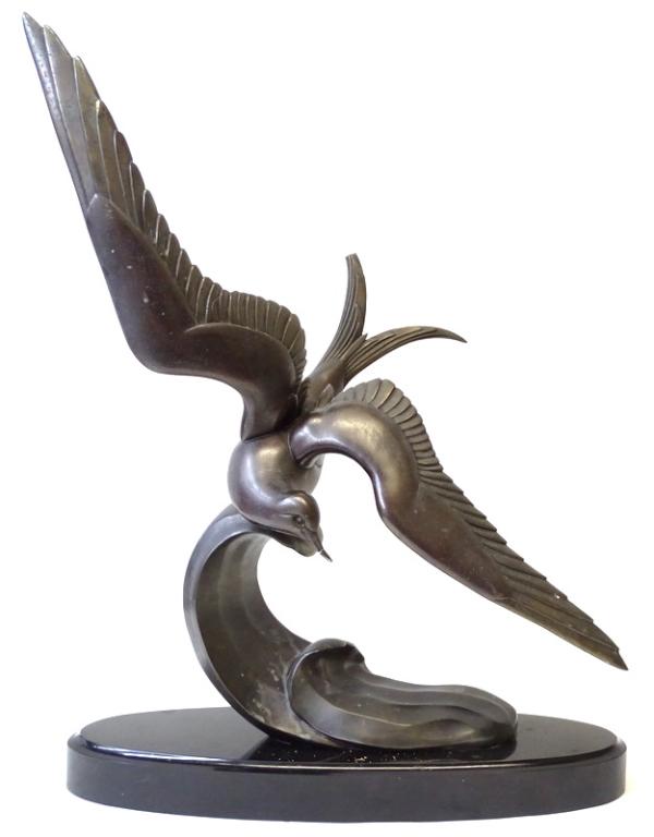Deco Sculpture "Terns in Flight" by Irenee Rochard: Art Deco Style Sculpture "Terns in Flight" by Irenee Rochard. Bronze. Measures 25 inches high x 20 inches wide. Wing As Is. See photos.