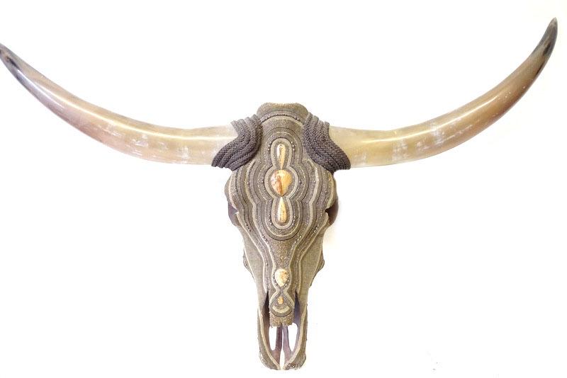 Ali Launer Long Horn Buffalo Mixed Media: Ali Launer Long Horn Buffalo Mixed Media Gem Stone Head. Measures 22 inches high x 47 inches wide.