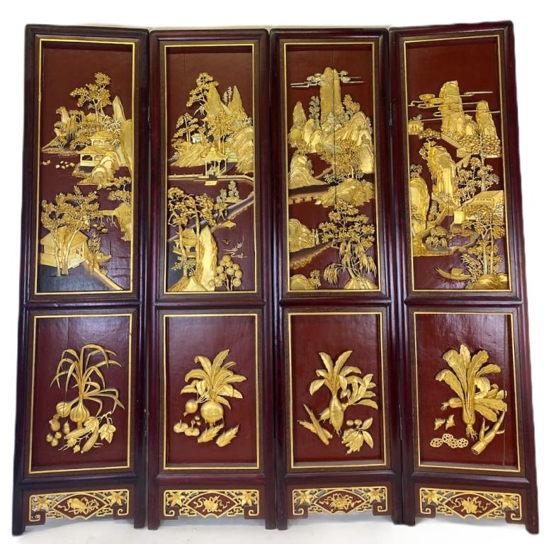 Chinese Red Lacquered Gilt Painted Screen (1 of 5)