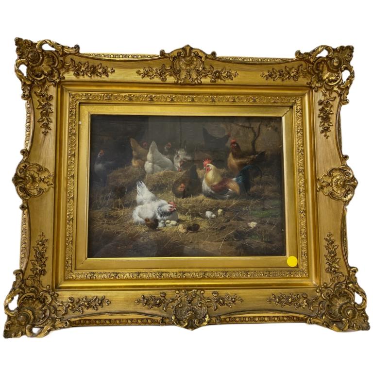 19th century chicken coop oil painting on board. M (1 of 5)
