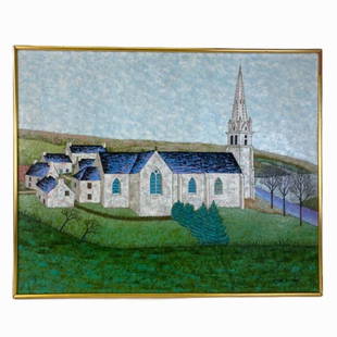 PETER ORLANDO (FRENCH b. 1921): PETER ORLANDO (FRENCH b. 1921) "Church" oil painting on canvas. Signed Lower Right. Total Framed Measures 26 1/2 inches high x 33 inches wide. MARSHALL FIELD AND COMPANY GALLERIES PAPERWORK.