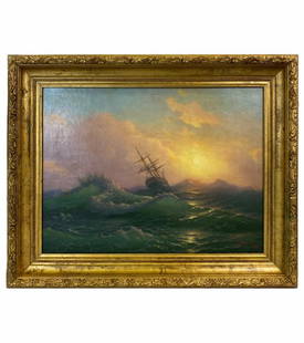 Ivan Konstantinovich Aivazovsky (RUSSIAN, 1817-190: Manner of Ivan Konstantinovich Aivazovsky (RUSSIAN, 1817-1900 oil on canvas. "Lost At Sea" Gilt Frame. Art Work Measures 18 inches high x 24 inches wide + 2 inch frame.