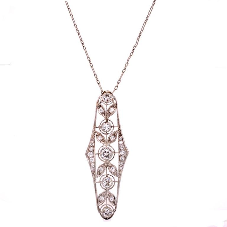 Art Deco Diamond Filigree Platinum Pendant Necklac (1 of 4)