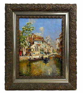 Rubens Santoro Italian oil painting: Manner of Rubens Santoro Italian oil painting. Signed Lower Right. Total Measures 22 inches high x 18 inches wide. "Venice Scene"