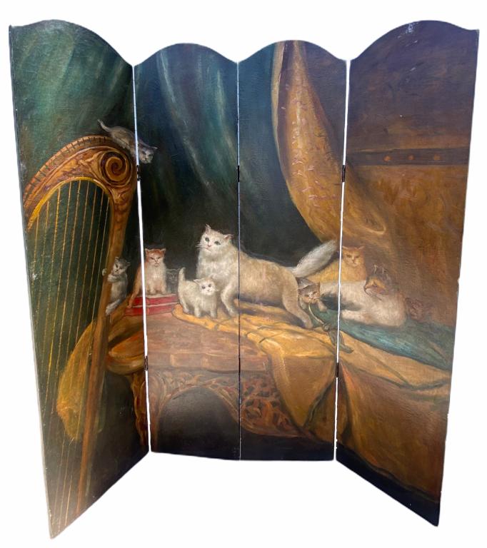 Four Panel Painted Screen, Artist Unknown "Cats" (1 of 5)