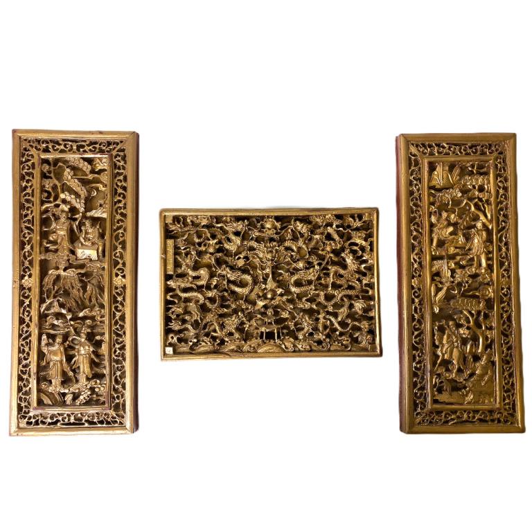 (3) Three Chinese Wooden Carved Dragon Panels (1 of 7)