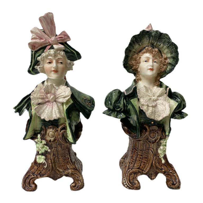 Pair of Porcelain Busts: Pair of porcelain Busts, possibly french. Antique Label to bottom. Measures 15 inches high x 7 inches wide x 3 1/2 inches deep.